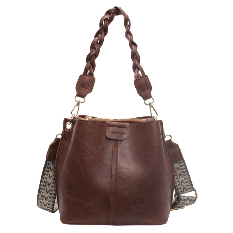 Geantă bucket din PU cu fermoar, crossbody cu curea simplă, căptușeală din piele sintetică, buzunare interioare: buzunar secret cu fermoar, buzunar pentru cameră