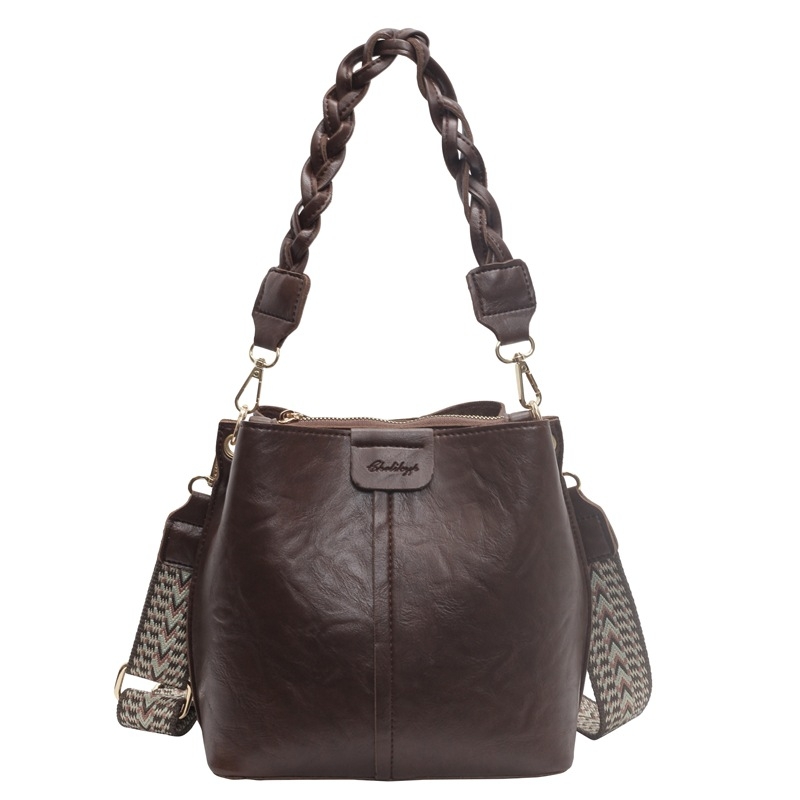 Geantă bucket din PU cu fermoar, crossbody cu curea simplă, căptușeală din piele sintetică, buzunare interioare: buzunar secret cu fermoar, buzunar pentru cameră