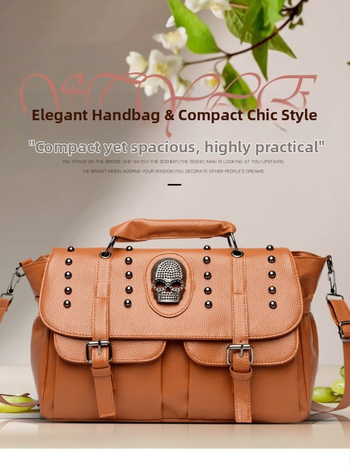 PU kožená taška v ulicom štýle s lebkami a nity, dvojité použitie (rukou/na ramene), veľká kapacita, inšpirácia motocyklom, vnútorné vrecká na telefón a ID