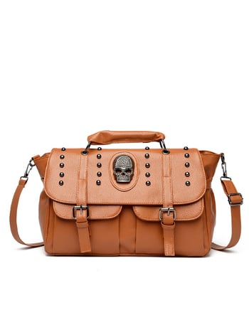 PU kožna torbica u ulicnom stilu s detaljima lubanje i šiljcih (niti), dvostruka upotreba (ruka i preko ramena), velika kapaciteta, inspirirana motociklima, unutarnji pretinci za telefon i osobnu iskaznicu