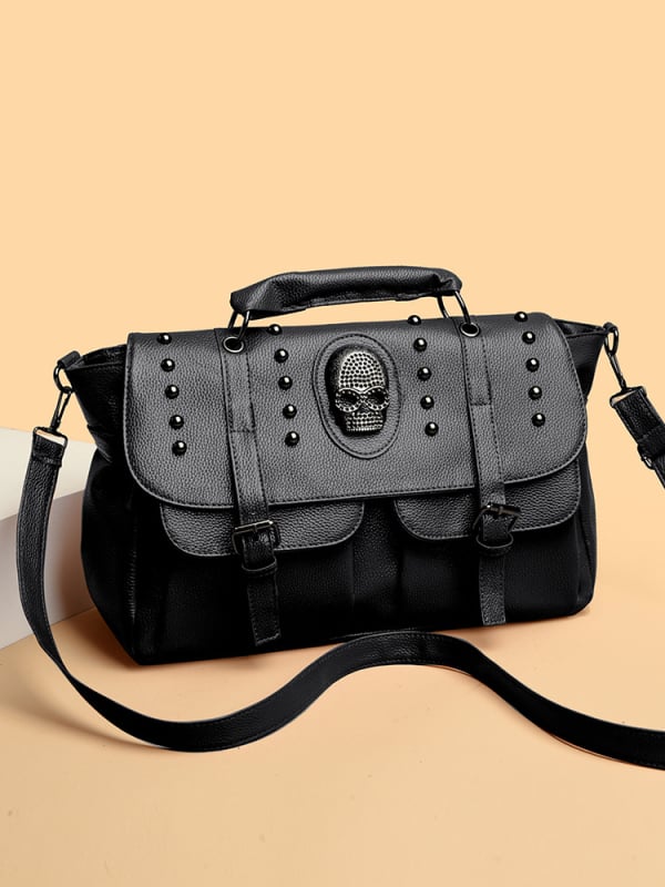 PU kožna torbica u ulicnom stilu s detaljima lubanje i šiljcih (niti), dvostruka upotreba (ruka i preko ramena), velika kapaciteta, inspirirana motociklima, unutarnji pretinci za telefon i osobnu iskaznicu