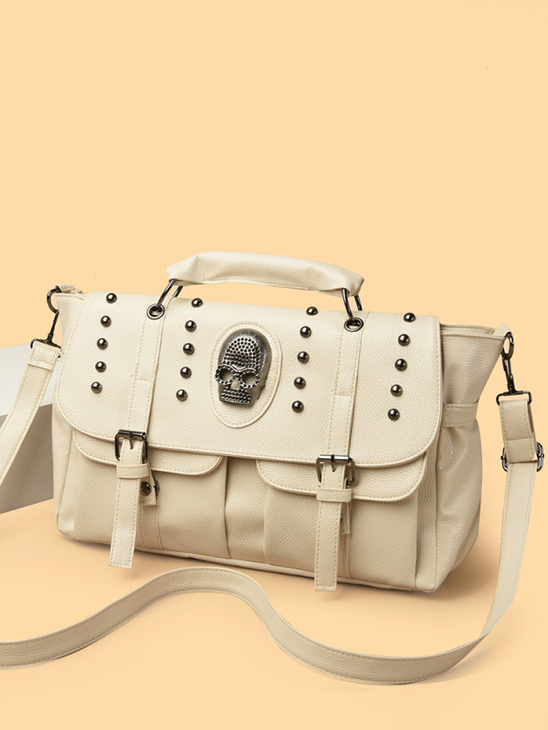 PU kožna torbica u ulicnom stilu s detaljima lubanje i šiljcih (niti), dvostruka upotreba (ruka i preko ramena), velika kapaciteta, inspirirana motociklima, unutarnji pretinci za telefon i osobnu iskaznicu