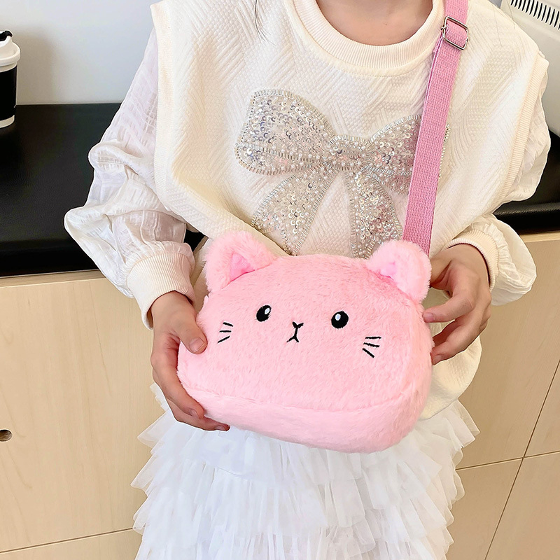 Детска плюшена чанта през рамо с котешки мотив, за момичета; полиестрова подплата, устойчивост на износване, облекчава носенето