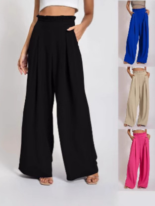 Ženske hlače ravnog kroja od poliestera, slobodan struk, 90–95% glavnog materijala, mikroelastičnost, ljeto 2025