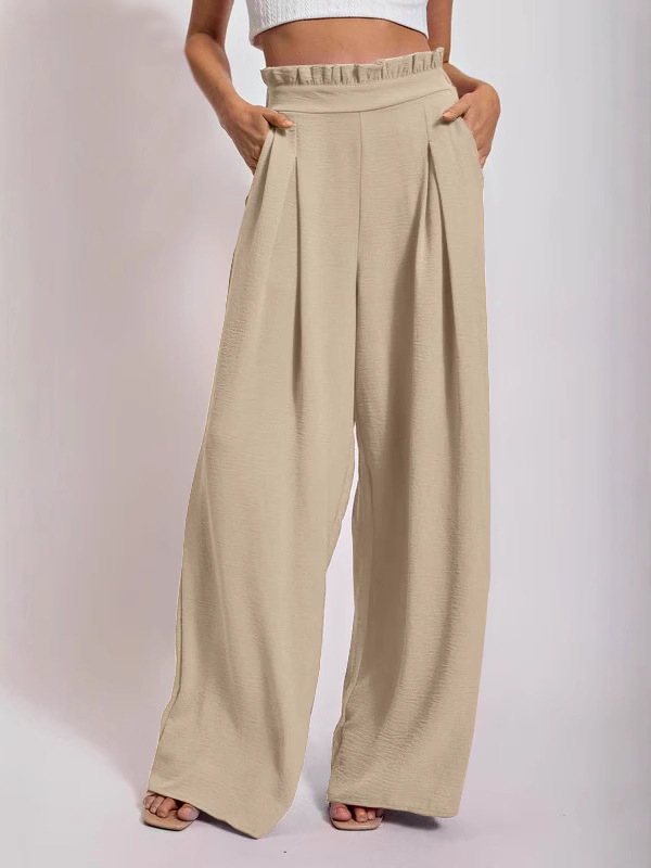 Ženske hlače ravnog kroja od poliestera, slobodan struk, 90–95% glavnog materijala, mikroelastičnost, ljeto 2025