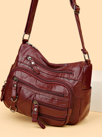 PU torbica za rame s zatvaračem, vodoravni kvadratni oblik, mekana tekstura, skriveni džep sa zatvaračem