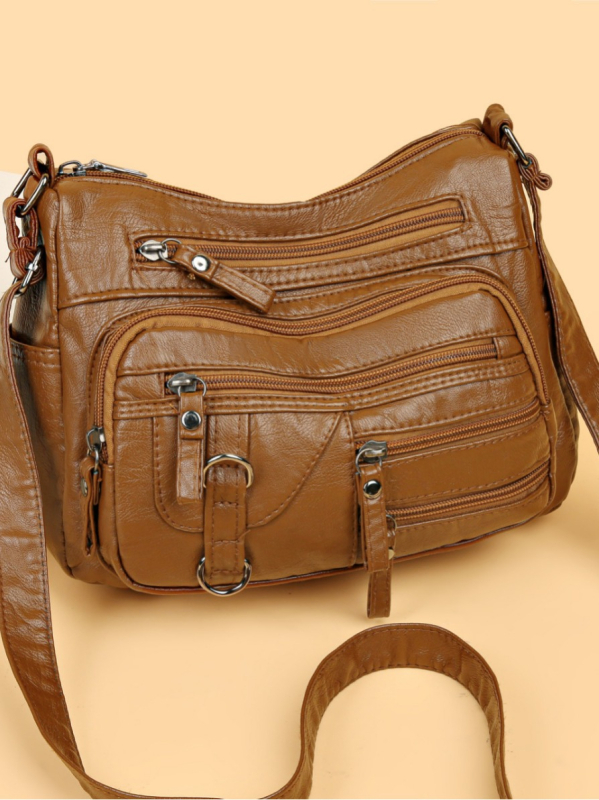 PU torbica za rame s zatvaračem, vodoravni kvadratni oblik, mekana tekstura, skriveni džep sa zatvaračem