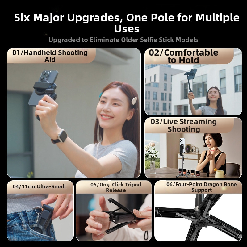 Мини магнитен Bluetooth селфи стик с телескопичен държач и MagSafe ръкохватка – анти-трептене