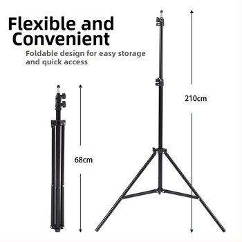 Στήριγμα Φωτογραφίας για Ζωντανή Μετάδοση – Επιδαπέδιο Τρίποδας με Ενισχυμένο Φωτιστικό Στήριγμα; Υλικό: Σιδερένιος σωλήνας + ABS; Φορτίο: 2–5 kg; Ύψος: 68–210 cm; Διαμέτρων σωλήνων: 22/19/16 mm; 3 τμήματα