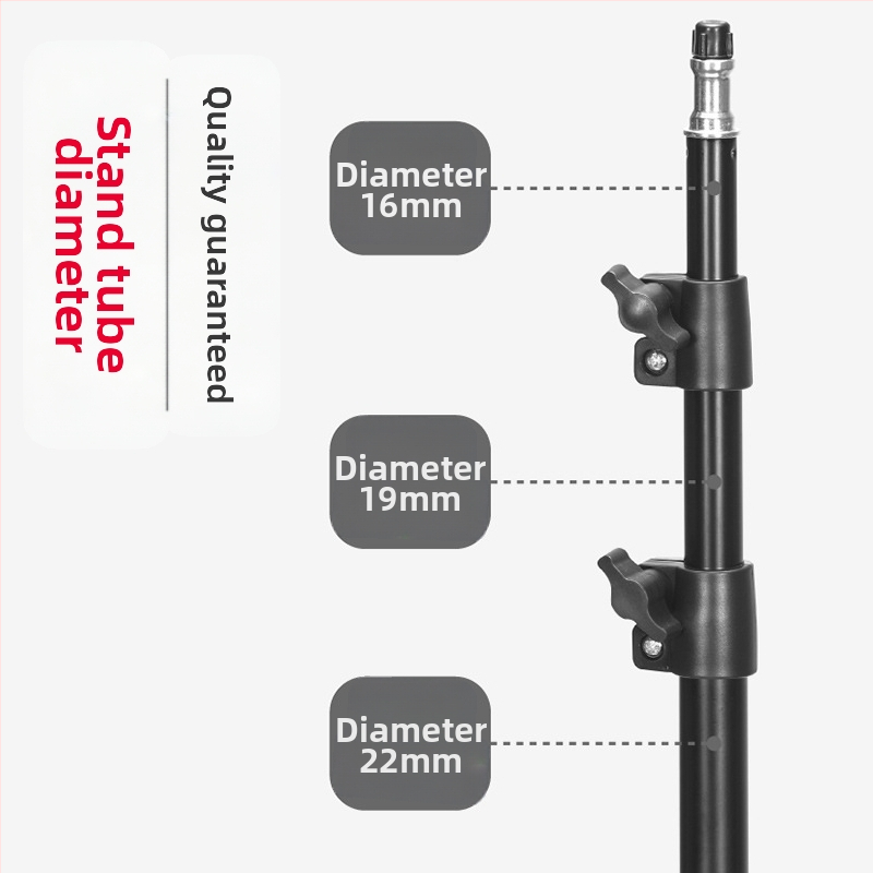 Стойка за фотография за лайв стрийминг – подов трипод със светлинен статив. Материал: желязна тръба + ABS; Носимост: 2–5 кг; Височина 68–210 см; Диаметър на тръбите 22/19/16 мм; 3 секции