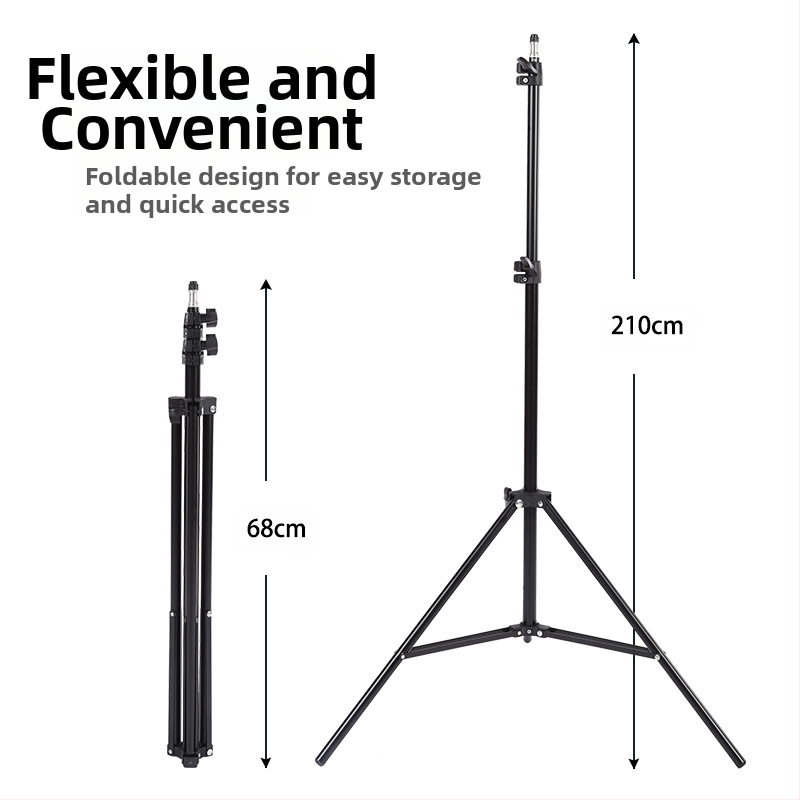 Стойка за фотография за лайв стрийминг – подов трипод със светлинен статив. Материал: желязна тръба + ABS; Носимост: 2–5 кг; Височина 68–210 см; Диаметър на тръбите 22/19/16 мм; 3 секции