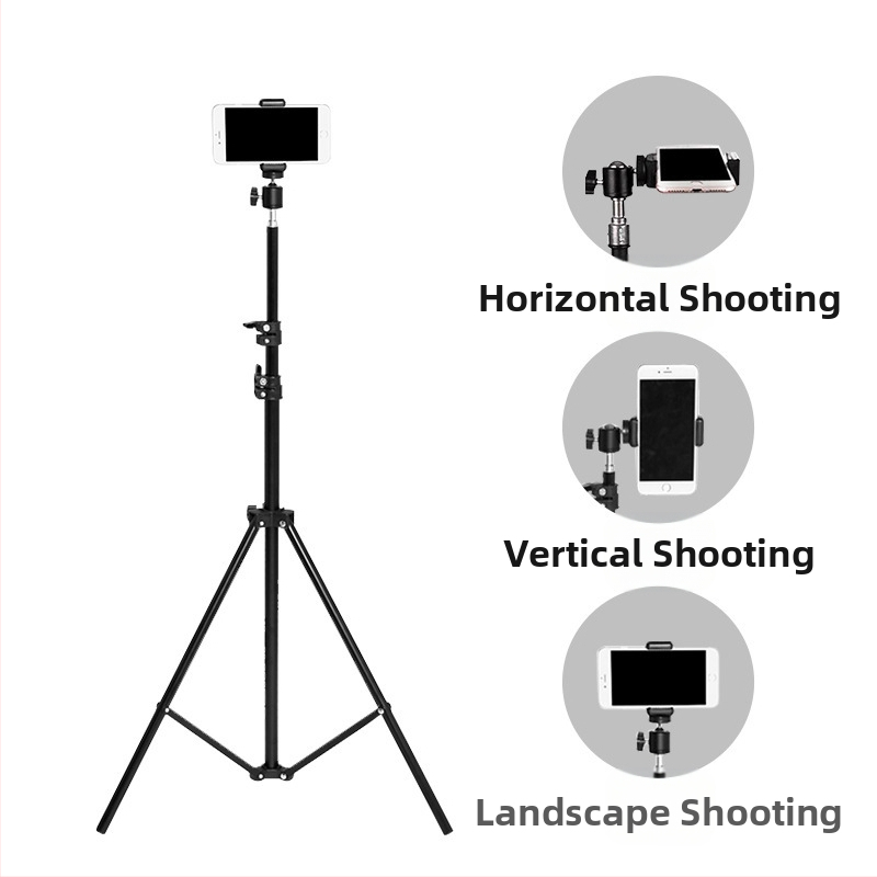 Стойка за фотография за лайв стрийминг – подов трипод със светлинен статив. Материал: желязна тръба + ABS; Носимост: 2–5 кг; Височина 68–210 см; Диаметър на тръбите 22/19/16 мм; 3 секции