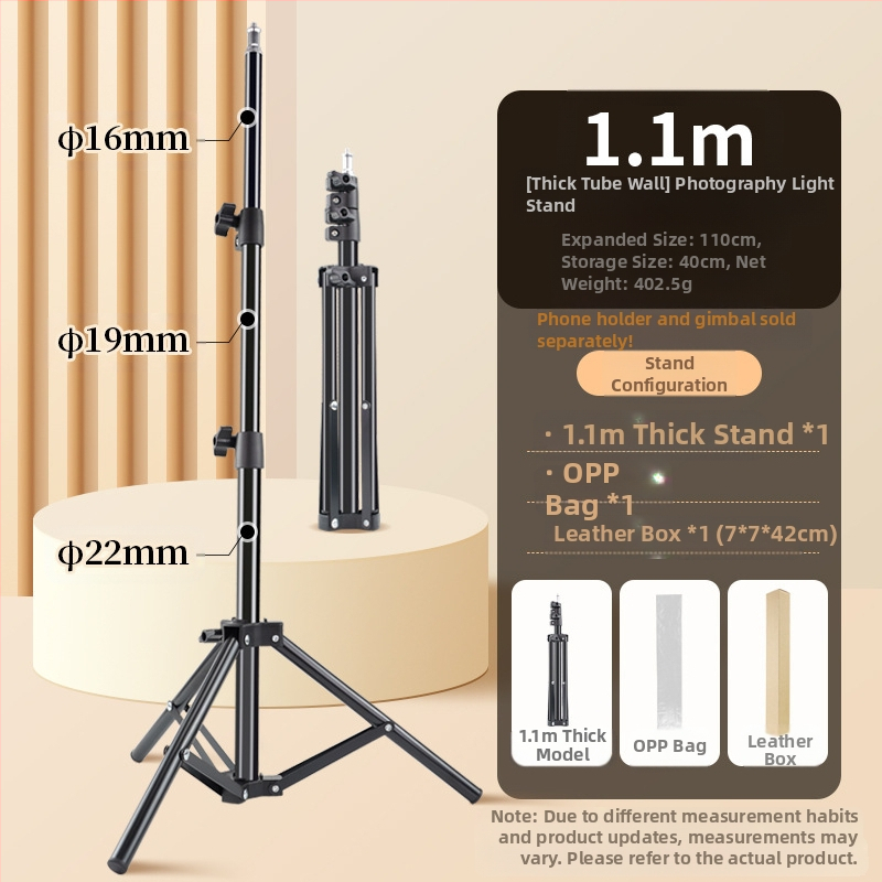 Στήριγμα Φωτογραφίας για Ζωντανή Μετάδοση – Επιδαπέδιο Τρίποδας με Ενισχυμένο Φωτιστικό Στήριγμα; Υλικό: Σιδερένιος σωλήνας + ABS; Φορτίο: 2–5 kg; Ύψος: 68–210 cm; Διαμέτρων σωλήνων: 22/19/16 mm; 3 τμήματα