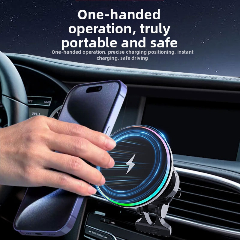 MagSafe bezdrôtový nabíjač do auta s kruhovým RGB osvetlením – 15W, QC3.0, magnetické nabíjanie pre iPhone
