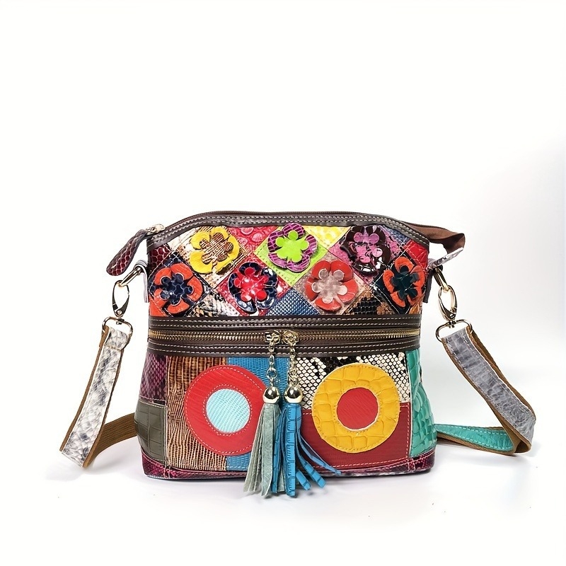 Geantă de damă crossbody din piele naturală, formă orizontală pătrată, închidere cu fermoar, buzunare interioare: buzunar cu fermoar, buzunar pentru telefon, buzunar pentru ID, cu o singură curea de umăr