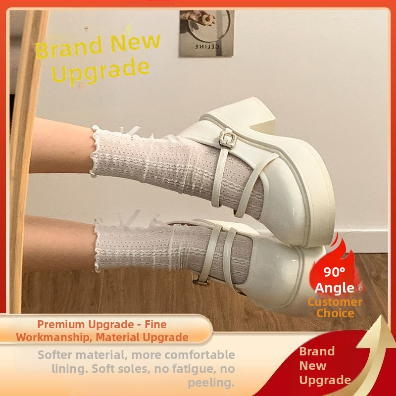 Mary Jane bateliai moterims, su apvalia nosimi, storu padu, didinančiu aukštį, viršutinė dalis iš sintetinės odos, gumos padas, užsegimas vieną sagtimi.