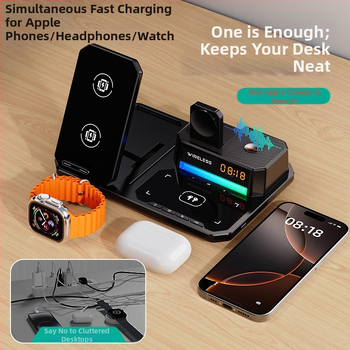 Šeši viename belaidė įkroviklis su sulankstomu telefono laikikliu, stalinis naktinis apšvietimas, laikrodis ir garsiakalbis – 15W telefonui, 5W ausinėms, 2,5W laikrodžiui