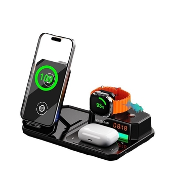 Έξι σε ένα ασύρματο φορτιστή με πτυσσόμενο στηρίγμα τηλεφώνου, επιτραπέζιο νυχτερινό φως, ρολόι και ηχείο – 15W φόρτιση τηλεφώνου, 5W για ακουστικά, 2,5W για ρολόι