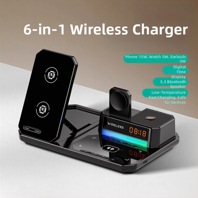 Šesť v jednom bezdrôtová nabíjačka s skladacím držiakom na telefón, stolová nočná lampička, hodiny a reproduktor – 15W pre telefón, 5W pre slúchadlá, 2,5W pre hodinky