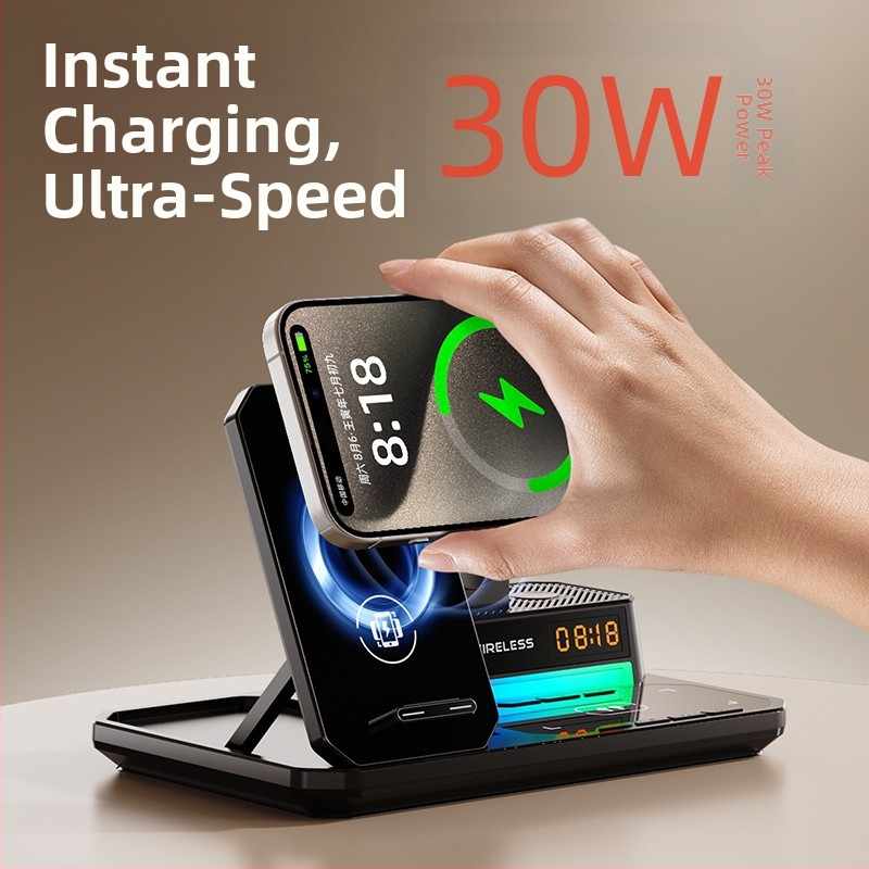 Šesť v jednom bezdrôtová nabíjačka s skladacím držiakom na telefón, stolová nočná lampička, hodiny a reproduktor – 15W pre telefón, 5W pre slúchadlá, 2,5W pre hodinky