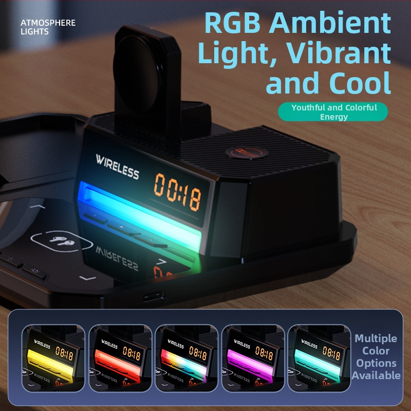 Šesť v jednom bezdrôtová nabíjačka s skladacím držiakom na telefón, stolová nočná lampička, hodiny a reproduktor – 15W pre telefón, 5W pre slúchadlá, 2,5W pre hodinky