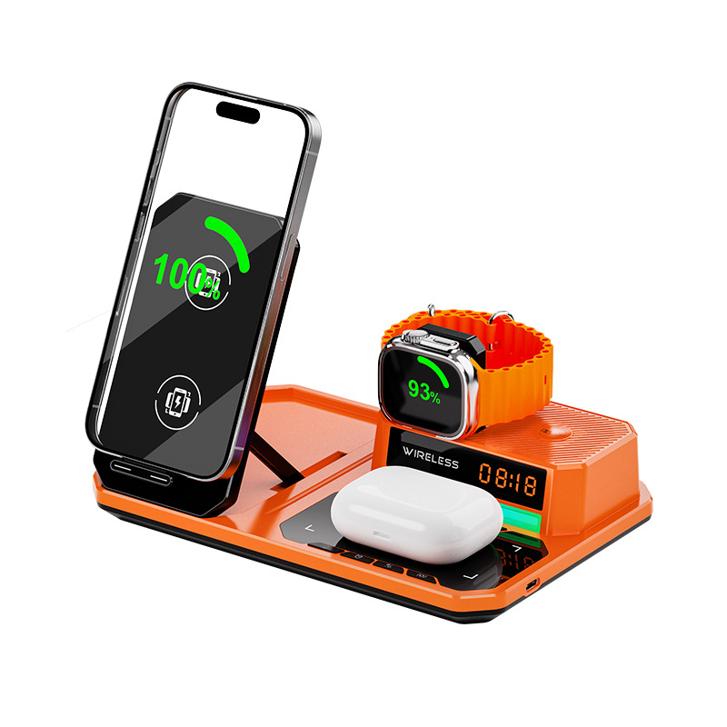 Šeši viename belaidė įkroviklis su sulankstomu telefono laikikliu, stalinis naktinis apšvietimas, laikrodis ir garsiakalbis – 15W telefonui, 5W ausinėms, 2,5W laikrodžiui