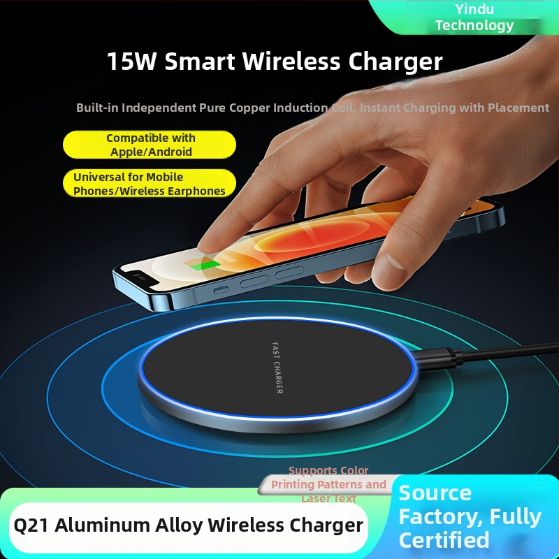 15W Qi bezdrôtová nabíjačka pre smartfóny, hliníková zliatina, ultra tenký kruhový dizajn, stolný bezdrôtový nabíjač