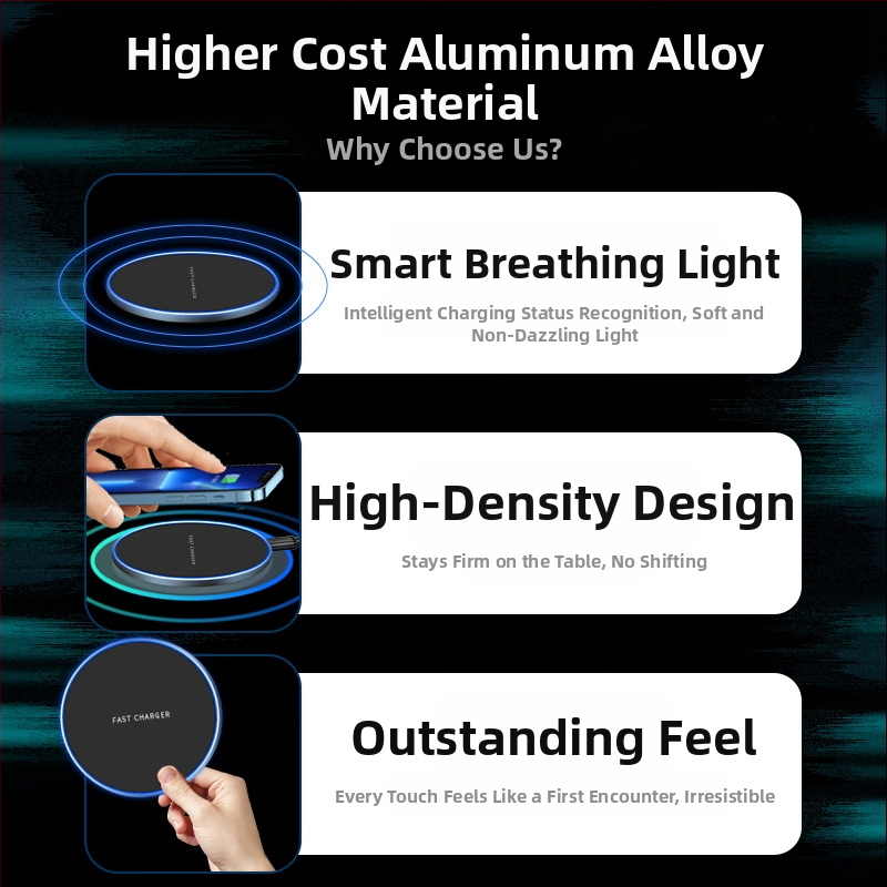 15W Qi bezdrôtová nabíjačka pre smartfóny, hliníková zliatina, ultra tenký kruhový dizajn, stolný bezdrôtový nabíjač