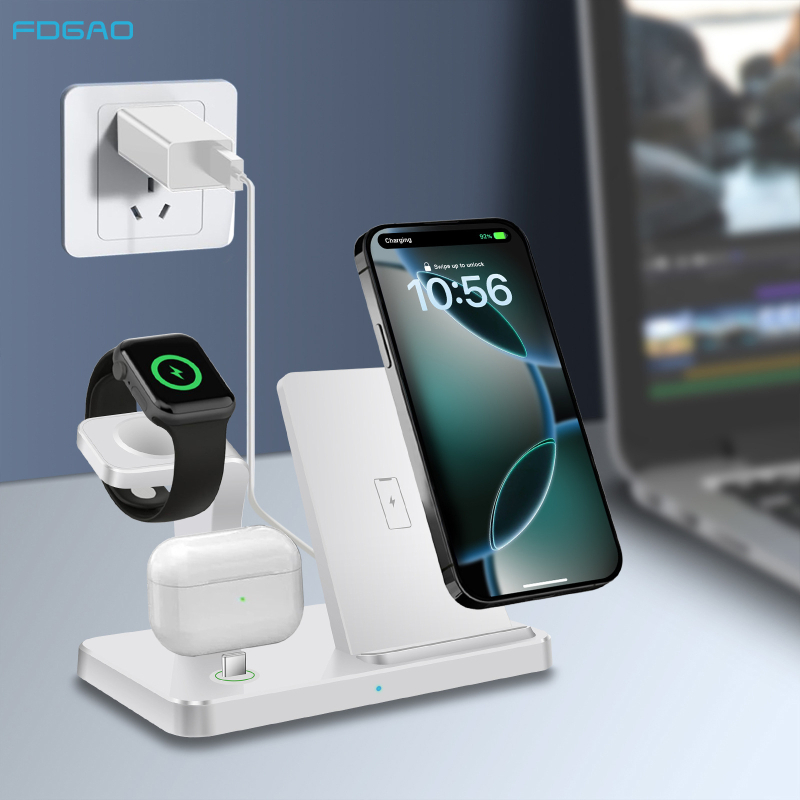 FDGAO 3-in-1 vezeték nélküli töltő iPhone, Apple Watch és AirPods számára, QC3.0, 15W max, 2A kimenet