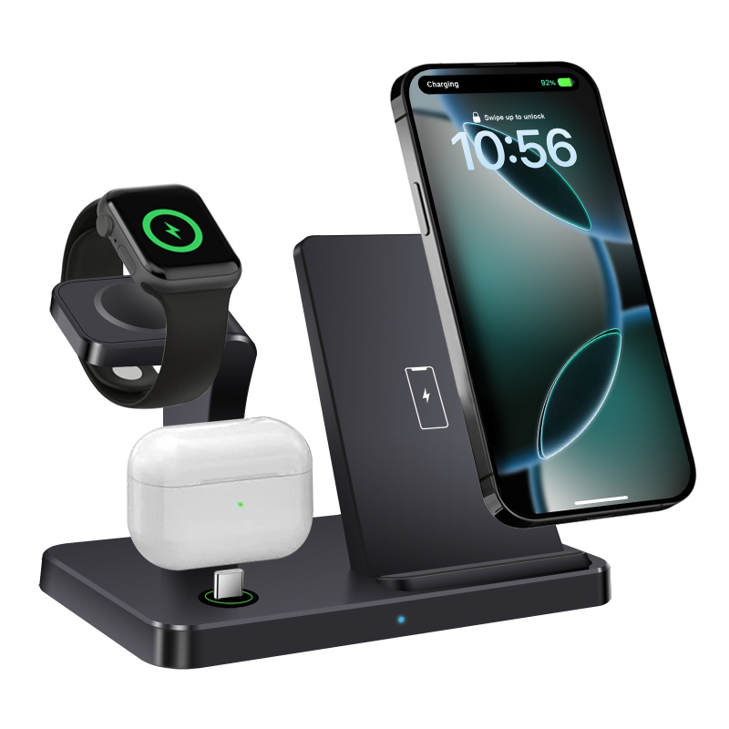 FDGAO 3-in-1 vezeték nélküli töltő iPhone, Apple Watch és AirPods számára, QC3.0, 15W max, 2A kimenet