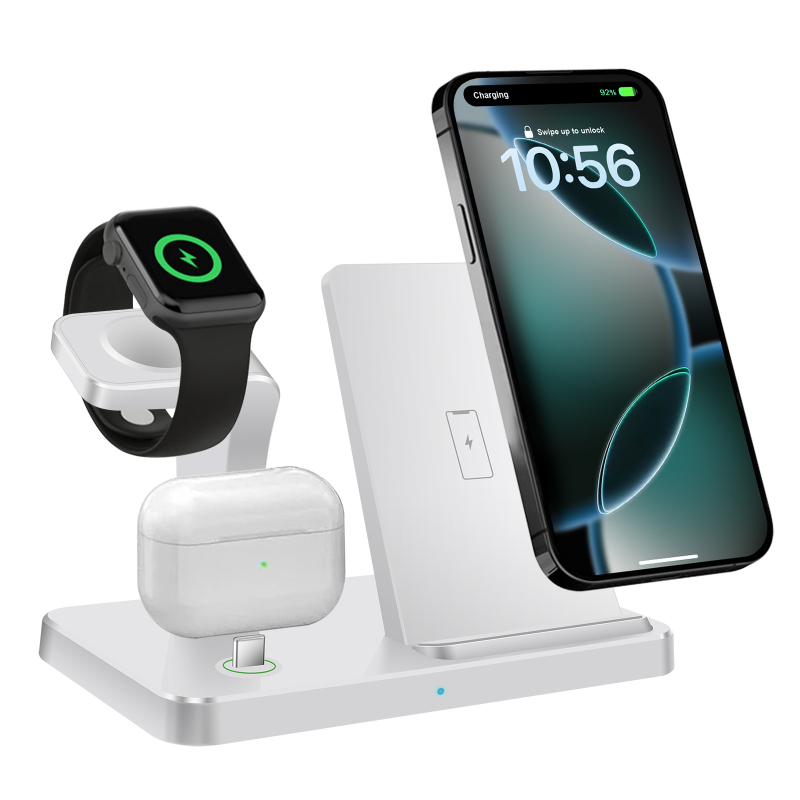 FDGAO 3-in-1 vezeték nélküli töltő iPhone, Apple Watch és AirPods számára, QC3.0, 15W max, 2A kimenet