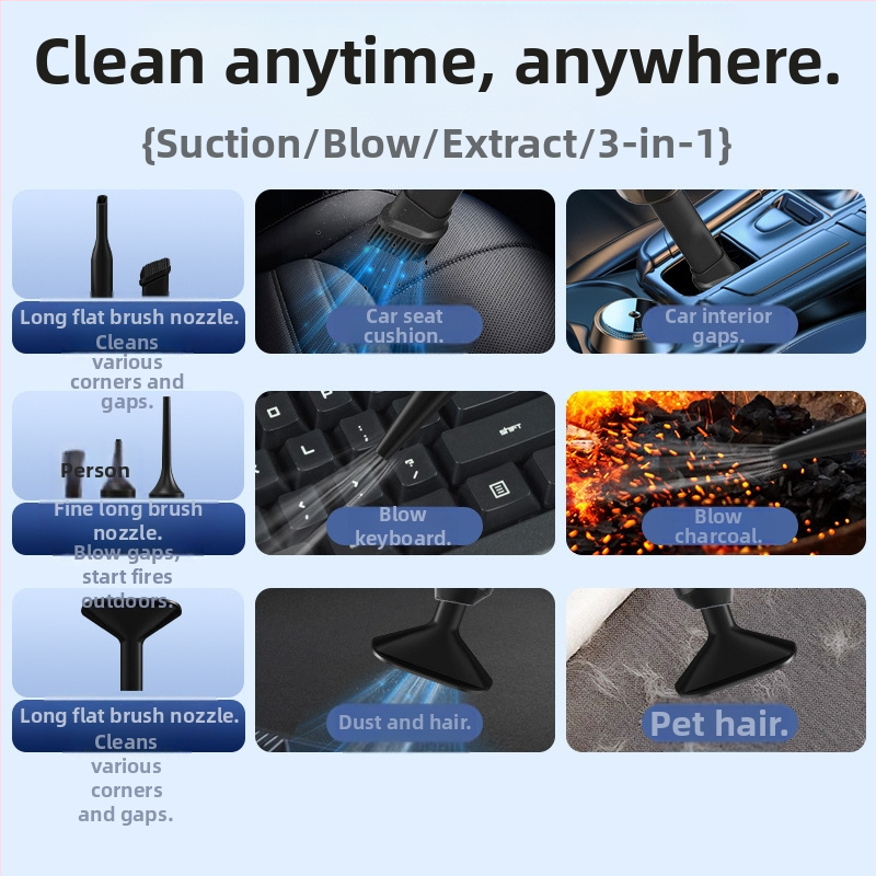Rankinis belaidis dulkių siurblys automobiliui ir namams, 16000 Pa siurbimo galia, 80 W galia, 7,4 V įtampa, sterilizacija ir dulkių valymas