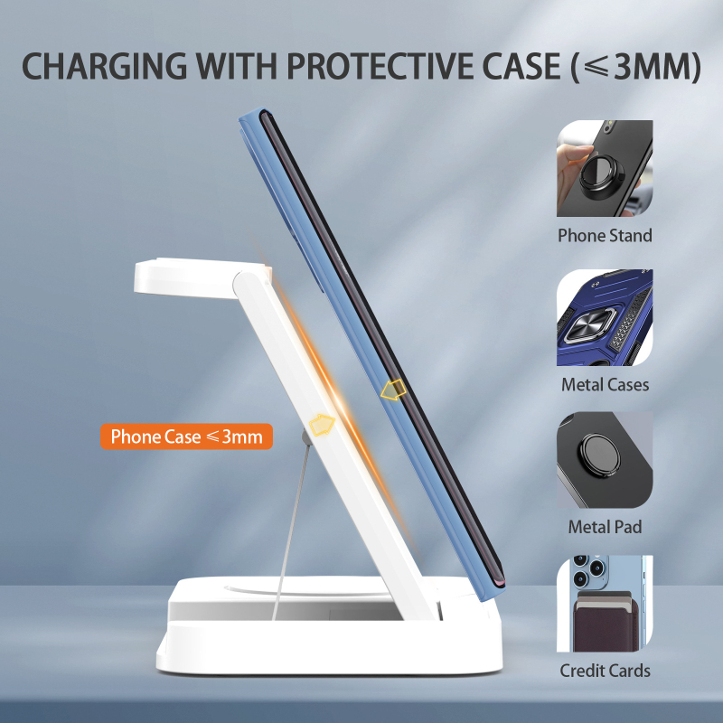 Skladací 3-v-1 bezdrôtový nabíjač pre zariadenia Apple a Samsung – QC3.0 rýchle nabíjanie, až 22W výstup, 3,1A výstup