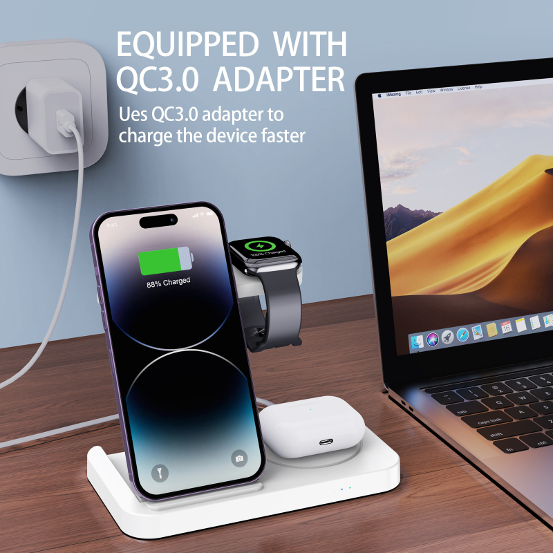 Skladací 3-v-1 bezdrôtový nabíjač pre zariadenia Apple a Samsung – QC3.0 rýchle nabíjanie, až 22W výstup, 3,1A výstup