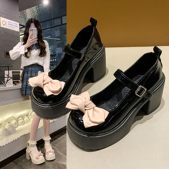 Moteriški PU odos Mary Jane bateliai su stora kulne, sagties užsegimas, apvali nosis, aukštis virš 8 cm, koledžo stiliaus