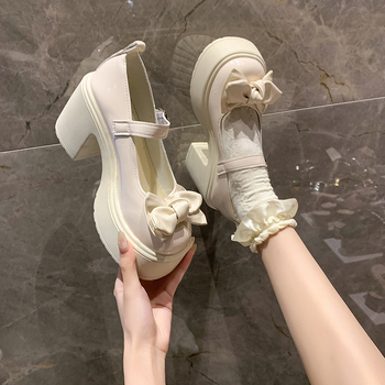 Moteriški PU odos Mary Jane bateliai su stora kulne, sagties užsegimas, apvali nosis, aukštis virš 8 cm, koledžo stiliaus