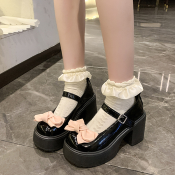 Moteriški PU odos Mary Jane bateliai su stora kulne, sagties užsegimas, apvali nosis, aukštis virš 8 cm, koledžo stiliaus