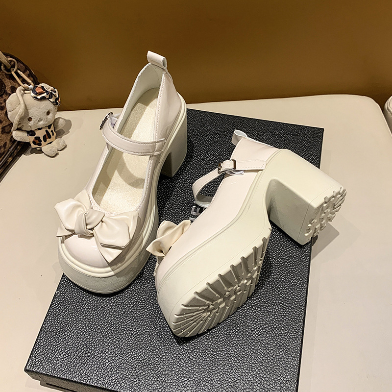 Moteriški PU odos Mary Jane bateliai su stora kulne, sagties užsegimas, apvali nosis, aukštis virš 8 cm, koledžo stiliaus