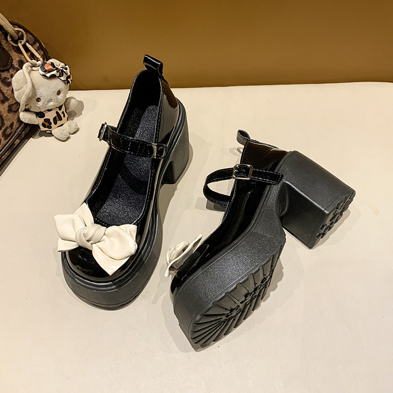 Moteriški PU odos Mary Jane bateliai su stora kulne, sagties užsegimas, apvali nosis, aukštis virš 8 cm, koledžo stiliaus