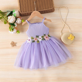 Κοριτσίστικο φόρεμα με τιράντες σε κορεατικό στυλ, διακόσμηση με λουλούδι στη μέση και πλέγμα, 97% βαμβάκι, καλοκαίρι, για ηλικίες 3–8 ετών.