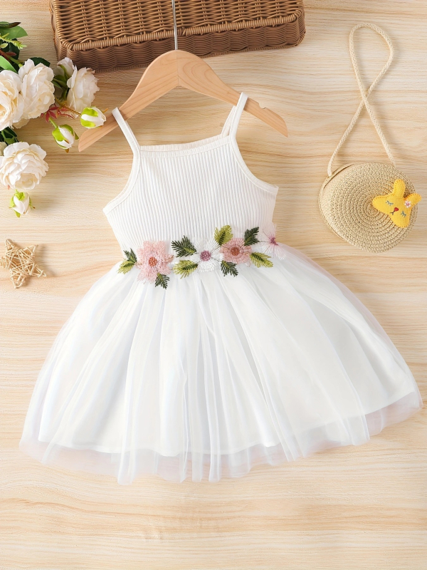 Dječja haljina s naramenicama u korejskom stilu, cvjetni detalj na struku i mrežasti paneli, 97% pamuk, ljeto, za djevojčice uzrasta 3–8 godina.