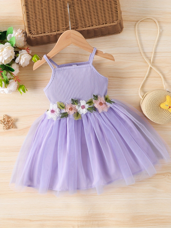 Dječja haljina s naramenicama u korejskom stilu, cvjetni detalj na struku i mrežasti paneli, 97% pamuk, ljeto, za djevojčice uzrasta 3–8 godina.