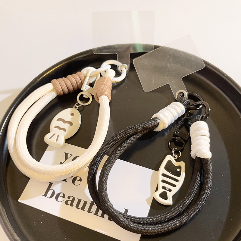 Lančić za mobitel s najlonskim užetom i plastičnom kopčom – unisex, prilagodljiv privjesak s dizajnom mačka i riba