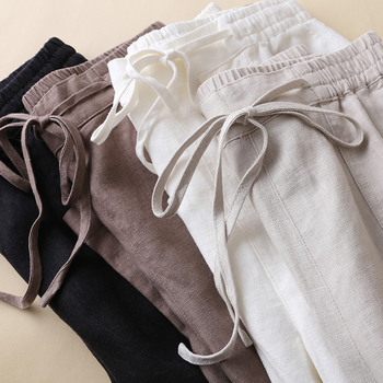 Ženske široke hlače od lana sa srednjim strukom, književno-umjetnički retro stil, ljeto