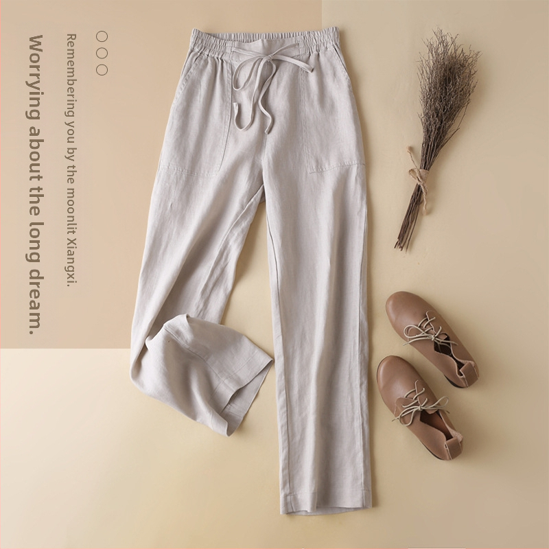 Dámske ľanové široké nohavice s strednou taliou, retro literárno-umelecký štýl, leto