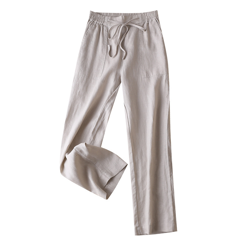 Ženske široke hlače od lana sa srednjim strukom, književno-umjetnički retro stil, ljeto