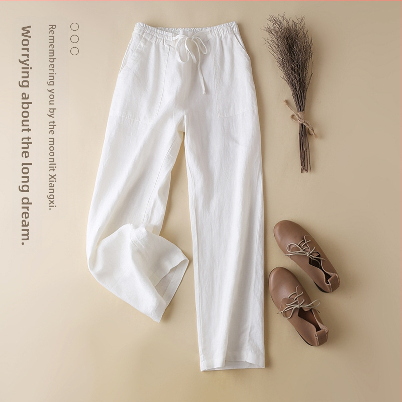 Dámske ľanové široké nohavice s strednou taliou, retro literárno-umelecký štýl, leto