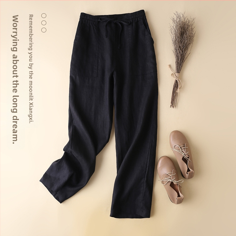 Dámske ľanové široké nohavice s strednou taliou, retro literárno-umelecký štýl, leto