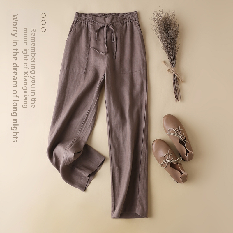 Dámske ľanové široké nohavice s strednou taliou, retro literárno-umelecký štýl, leto