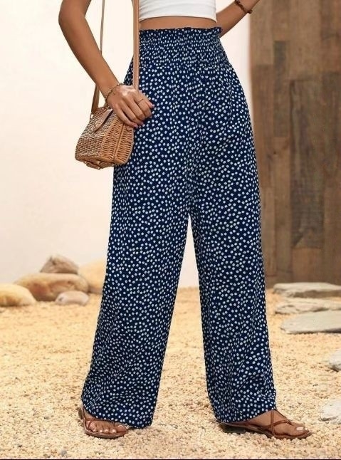 Printane široke hlače od poliestera za žene, s elastičnim pojasom, proljeće-ljeto 2025, casual gradski stil